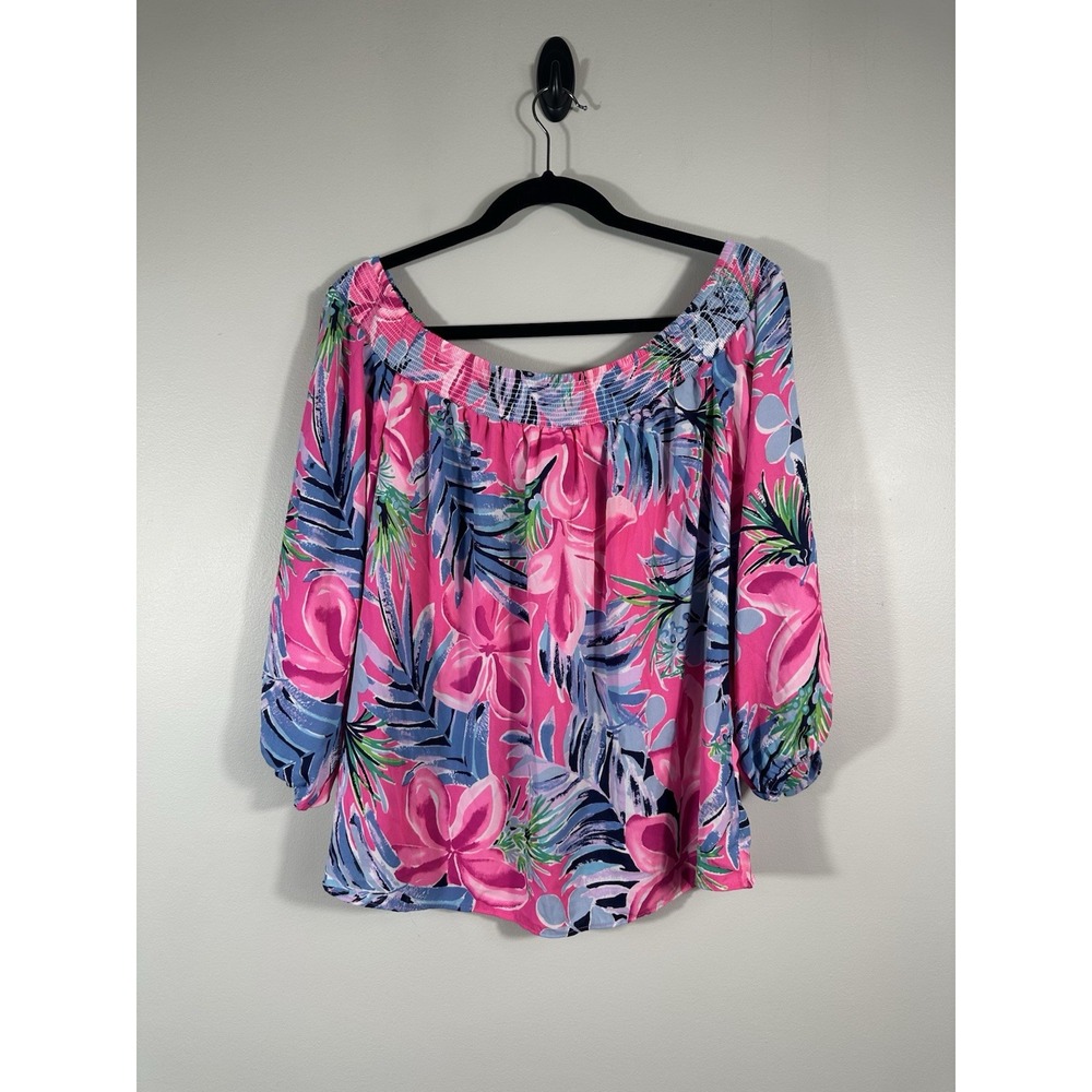 Lilly Pulitzer Top M Maryellen Off The Shoulder Smocked Resort Cockatoo Pink